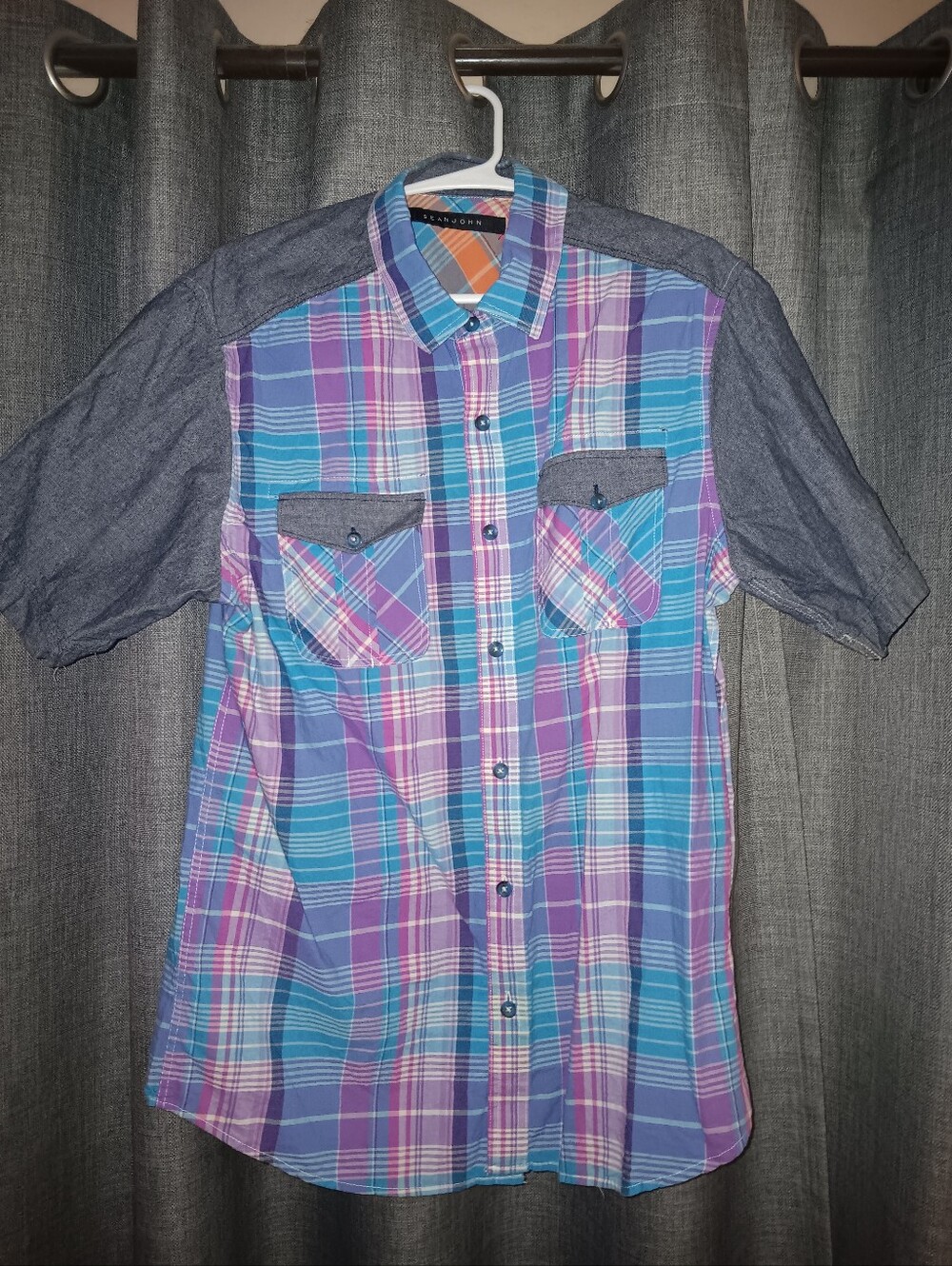 Sean John Blue & Purple Plaid Short-Sleeve Button-Down Shirt Size Mens Large